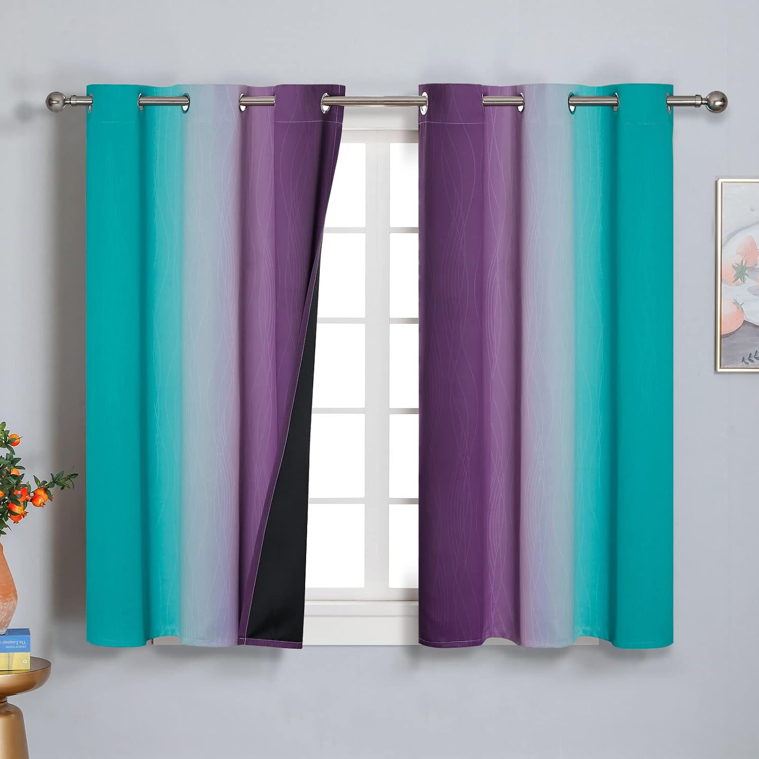 Estelartextiler Estelar Textiler Ombre Teal and Purple Blackout Curtains 2 Panels, Grommet Thermal Insulated Gradient Drapes for Kids Room…
