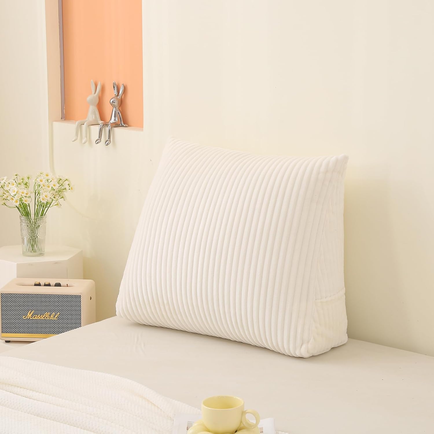Corduroy Wedge Reading Pillow for Bed, 3 Sizes, 4 Colors for Bed, Sofa, Office Chair (White, Large 24 * 20 * 8in)