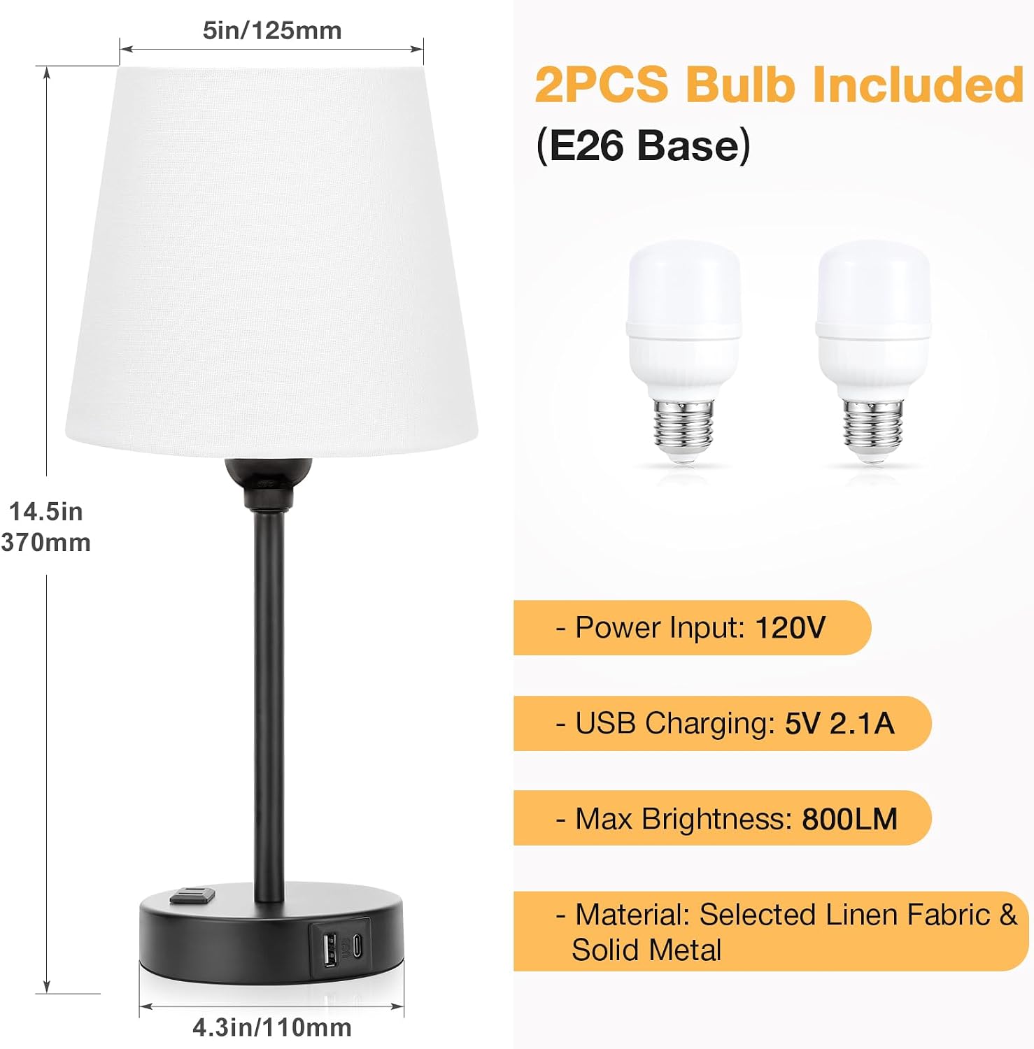 White Bedside Lamps for bedrooms Set of 2 - Nightstand Bedroom Lamp with USB C Port and AC Outlet Charging, 3 Way Dimmable Touch Control…