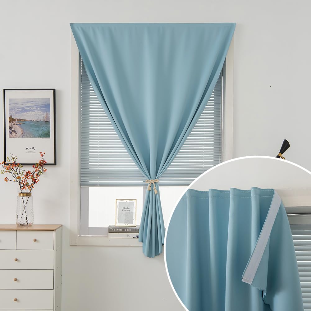 Self Adhesive Curtains, Portable Blackout Curtains Fabric Curtains for Living Room No Drilling, 47" W X 96" L, Lake Blue, 1 Panel