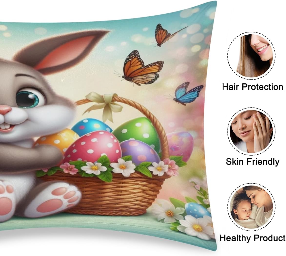Happy Easter Bunny Satin Silk Pillowcase for Hair and Skin Pillow Cases Standard Size Soft Silk Pillow Case with Envelope Closure Print…