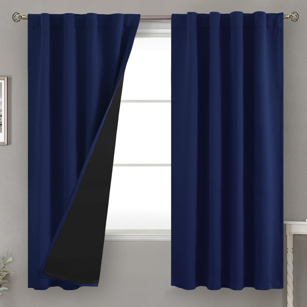 BGment Navy Blue 100% Blackout Curtains 63 Inches Long with Thermal Insulated Liner, Rod Pocket and Back Tab Double Layer Full Room…