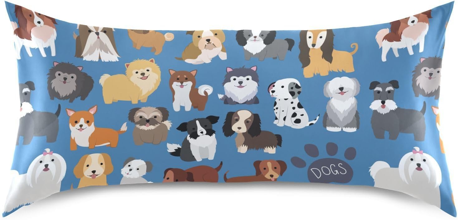 Dogs Cute Blue Print Pillow Covers Silk Pillowcase for Hair and Skin Soft Breathable Smooth Cooling Satin Pillowcase King Size Pillow…
