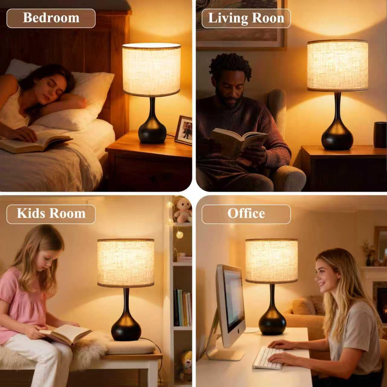 ONEWISH Touch Bedside Lamp for Bedroom, 3-Way Dimmable Table Lamps for Nightstand with Cylindrical Fabric Shade, Desk Lamp for Living…