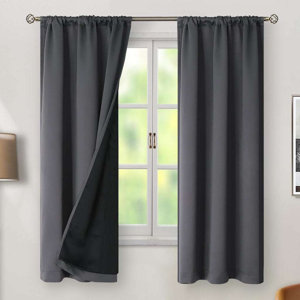BGment Dark Grey 100% Blackout Curtains 63 Inches Long with Thermal Insulated Liner, Rod Pocket and Back Tab Double Layer Full Room…