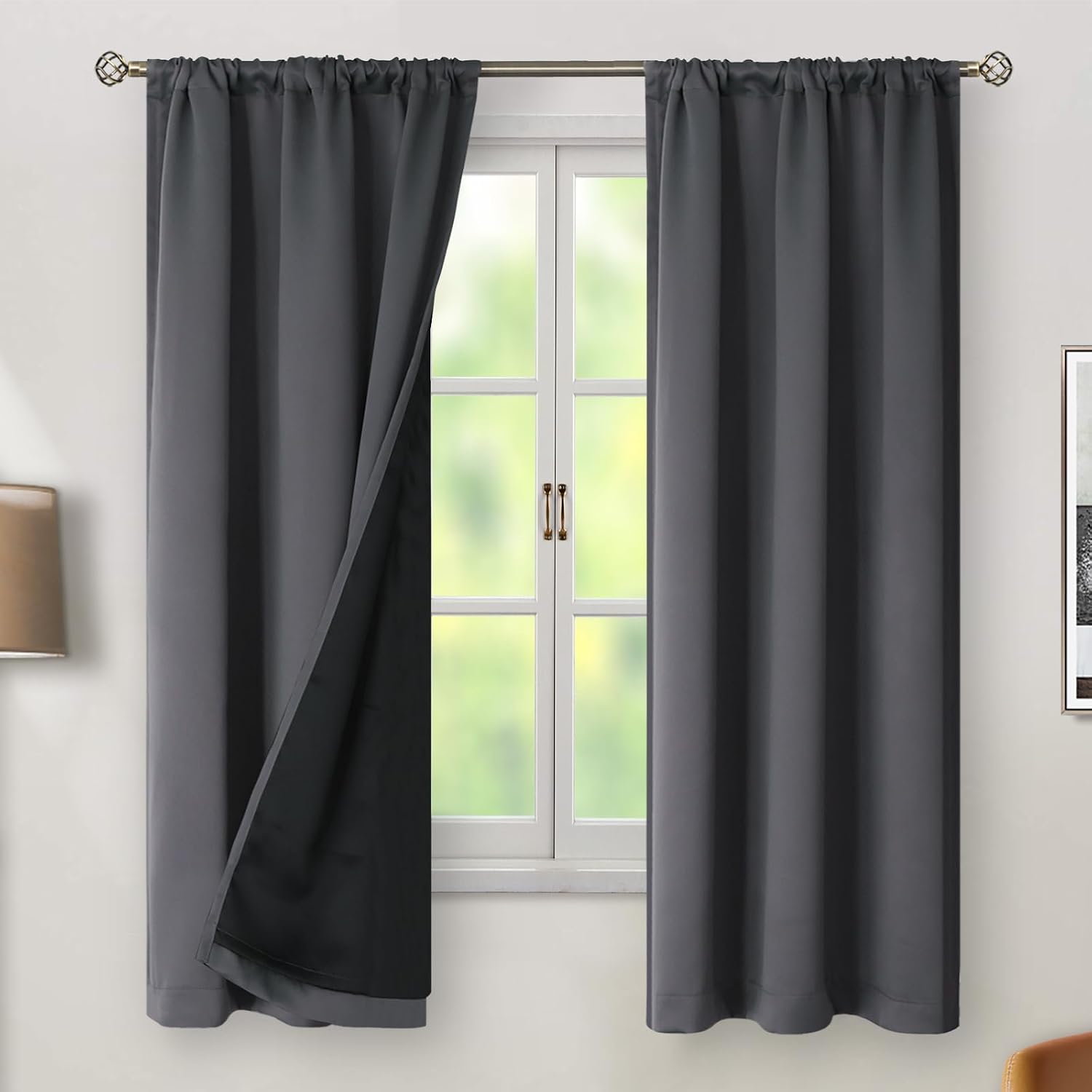 BGment Dark Grey 100% Blackout Curtains 63 Inches Long with Thermal Insulated Liner, Rod Pocket and Back Tab Double Layer Full Room…
