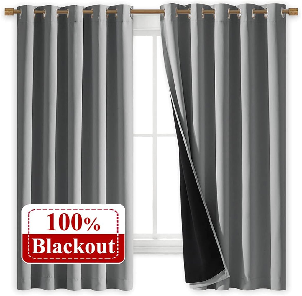 Nicetown 100% Blackout Curtains with Black Liners, Thermal Insulated Full Blackout 2-Layer Lined Drapes, Energy Efficiency Window Draperies…