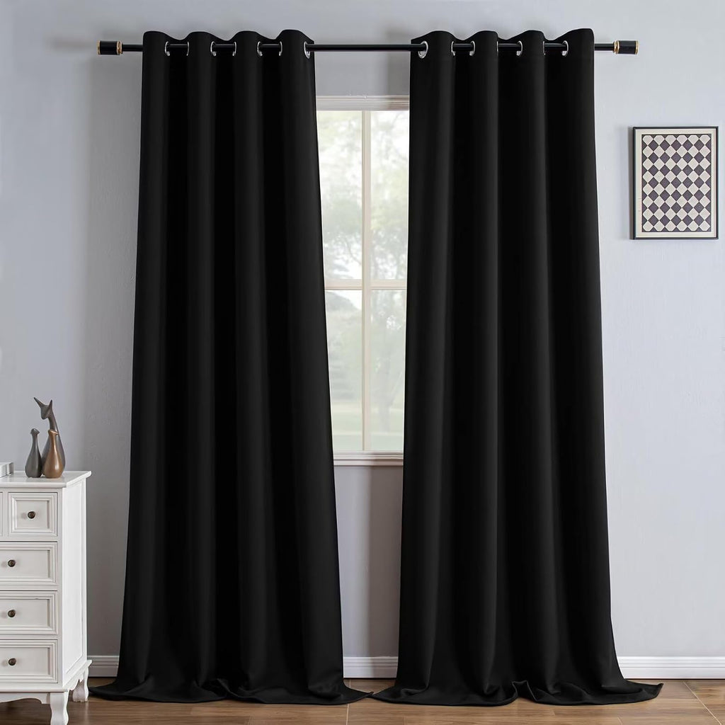 Igemaeve Black Blackout Curtains 96 Inch Length 2 Panels Set, Black Out Curtains for Bedroom 96 Inch Long, Grommet Energy Saving Room Darke…
