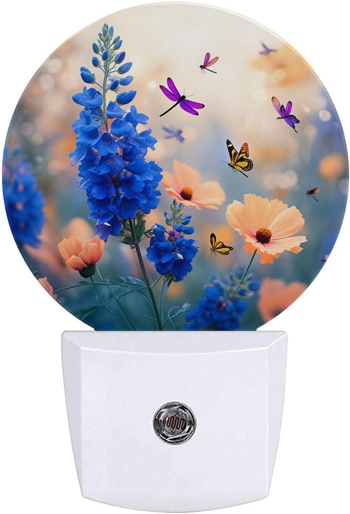Blue Flower Butterfly Dragonfly Night Light Plug-in Sleep Lamp Led Dusk to Dawn Night Light for Bedroom
