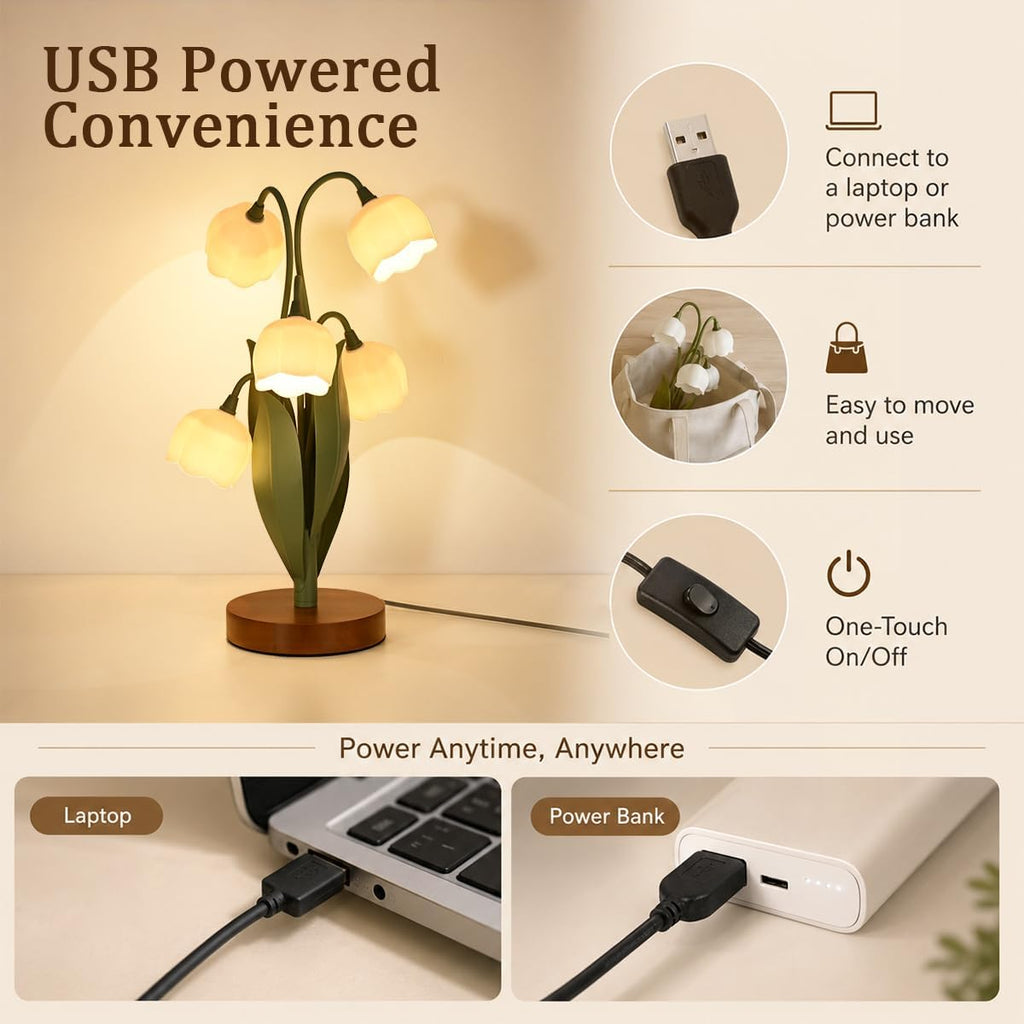 Flower Table Lamp for Bedroom, Cute Flower Reading Light with 5 White Lily of The Valley, Desk Lamp Bedside Lamps for Nightstands Home…