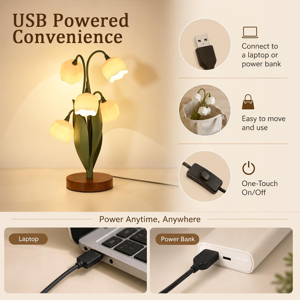 Flower Table Lamp for Bedroom, Cute Flower Reading Light with 5 White Lily of The Valley, Desk Lamp Bedside Lamps for Nightstands Home…