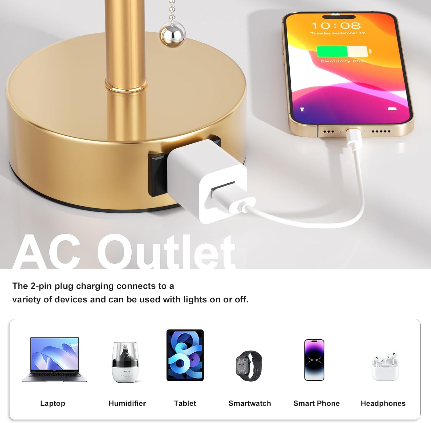 Fenmzee Gold Bedside Table Lamps Set of 2-3 Color Temperatures Pull Chain Lamp with AC Outlet Charging Port, Two Round Night Stand Lamps…