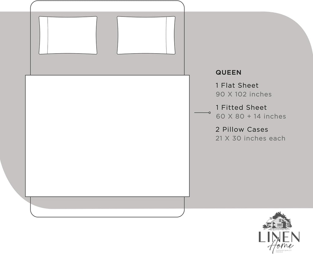 Linen Home 100% Cotton Percale Sheets Queen Size, Silver, Deep Pocket, 4 Pieces Set - 1 Flat, 1 Deep Pocket Fitted Sheet and 2…