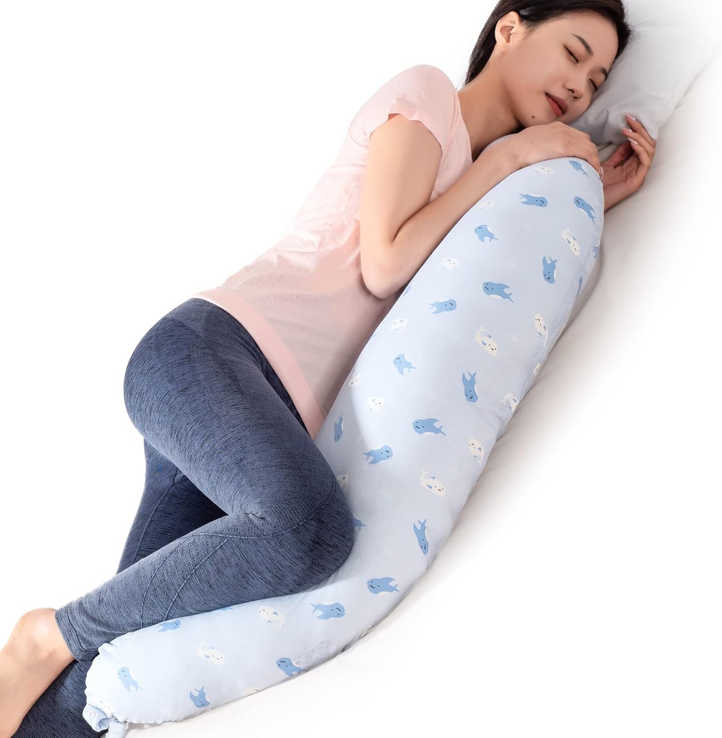 BYRIVER Firm C Shaped Body Pillow for Side Sleeping Women Men, Cooling Pregnancy Pillows for Sleeping, Washable Jersey Cotton Cover…