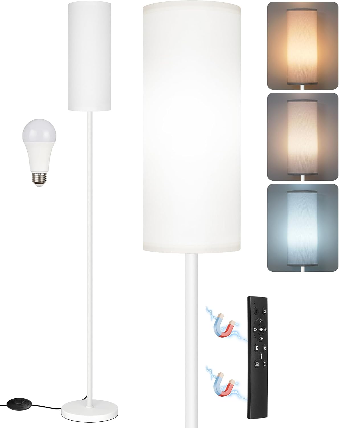 White Dimmable Floor Lamps for Living Room with Remote and Foot Switch, 64.4” Modern Standing Tall Lamp, Corner Lamp for Bedroom, Office…
