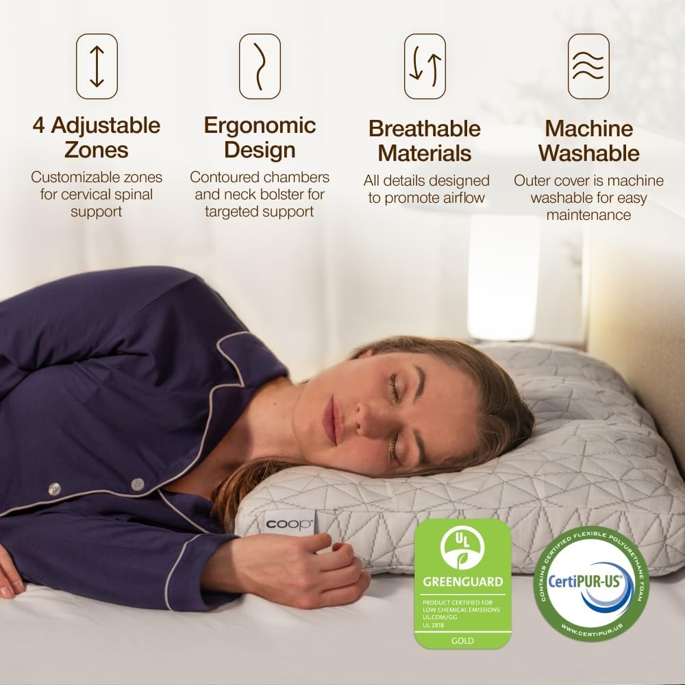 Coop Home Goods Adjustable Orthopedic Pillow Queen, Ergonomic Cervical Neck Support, Memory Foam Pillows for Side & Back Sleepers…