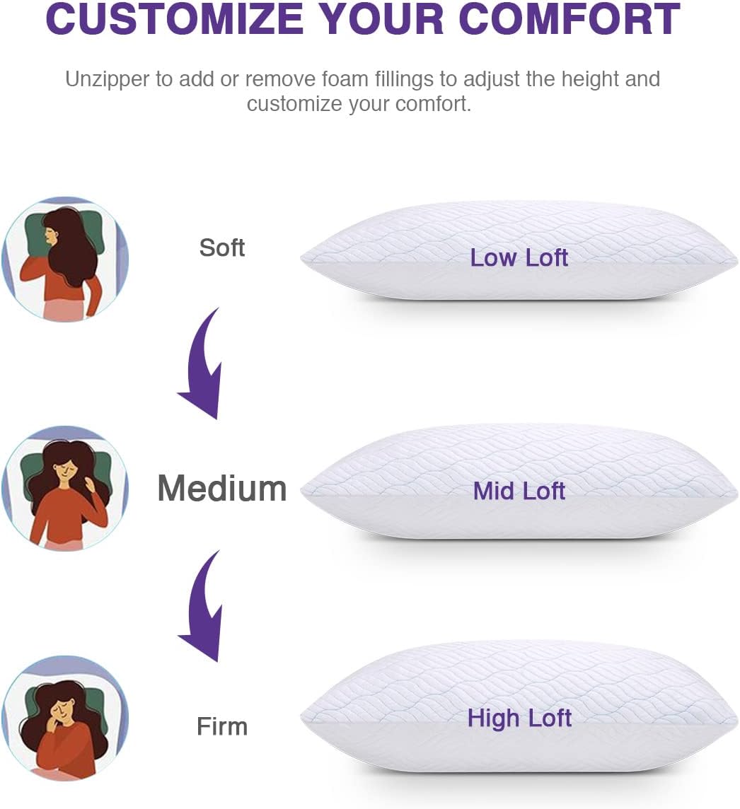 WISHSMILE Cooling Pillows Queen Size Set of 2, Memory Foam Pillows with Zipper, Adjustable Firmness for Sleeping Cool Cold Pillow to Hot…