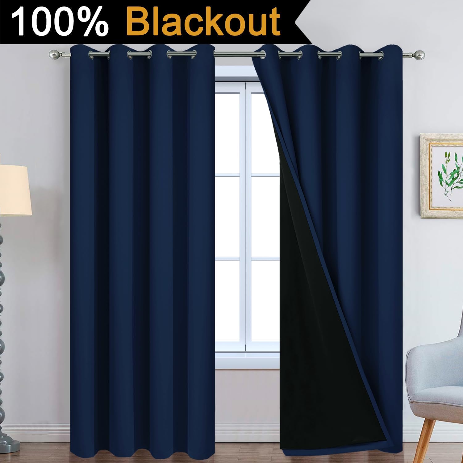 Yakamok Navy Blue 100% Blackout Curtains Energy Saving Thermal Insulated 2 Thick Layers Completely Blackout Drapes with Black Liner for Bed…