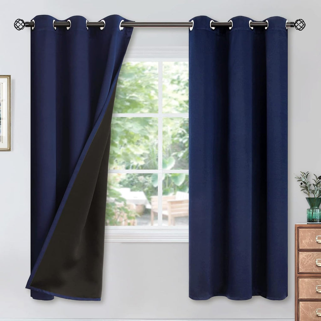 YoungsTex 100% Blackout Curtains Thermal Insulated Grommet Top Total Blackout Window Curtains for Bedroom with Black Back, 2 Panels, Navy,…