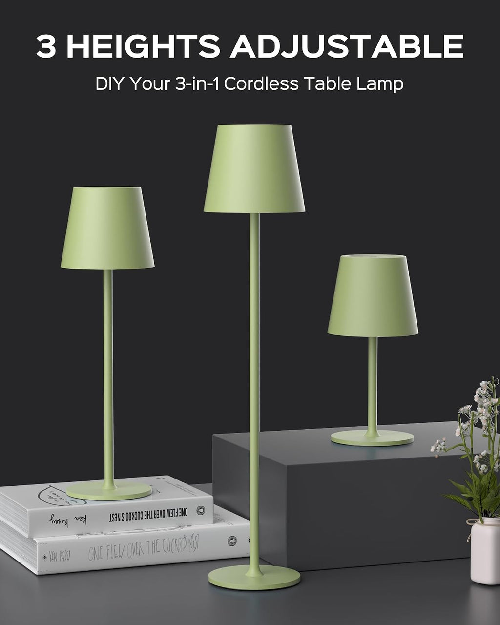 Cordless Table Lamps Rechargeable, 3 Adjustable Height, 5000mAh Battery Operated, 3 Colors Smooth Dimming, Portable LED Waterproof Table…