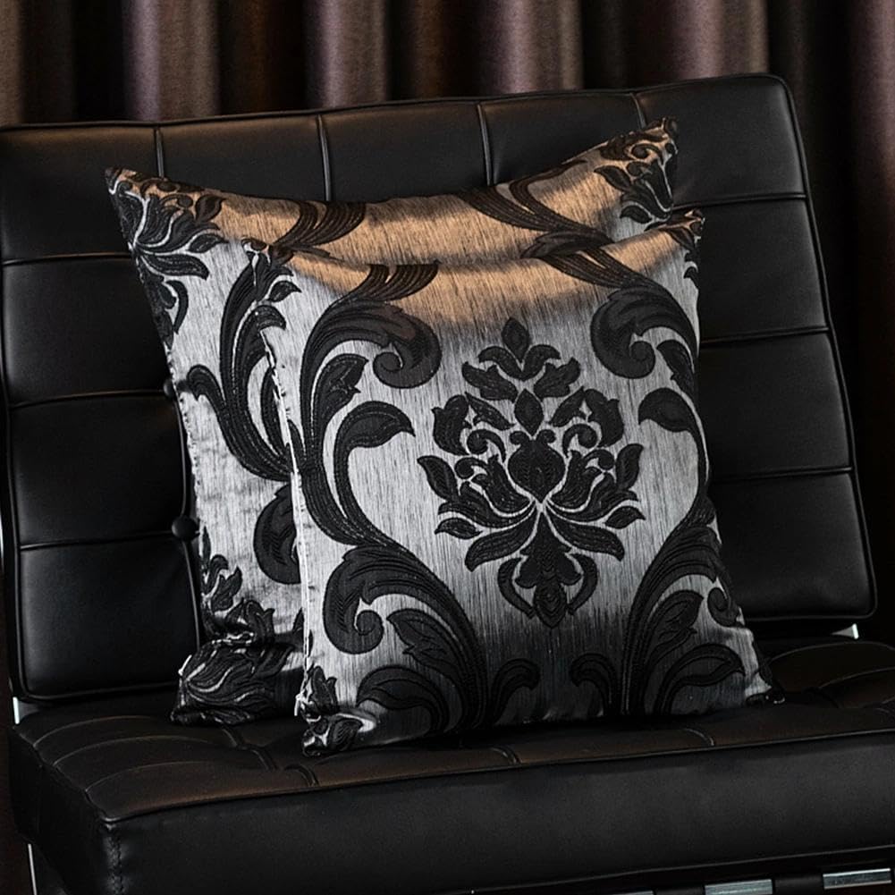 Napearl Throw Pillow Covers-Set of 2 with Black Silver Damask Jacquard Patterns, Gothic Decorative Pillowcase for Couch, Sofa, Bed, Attract…