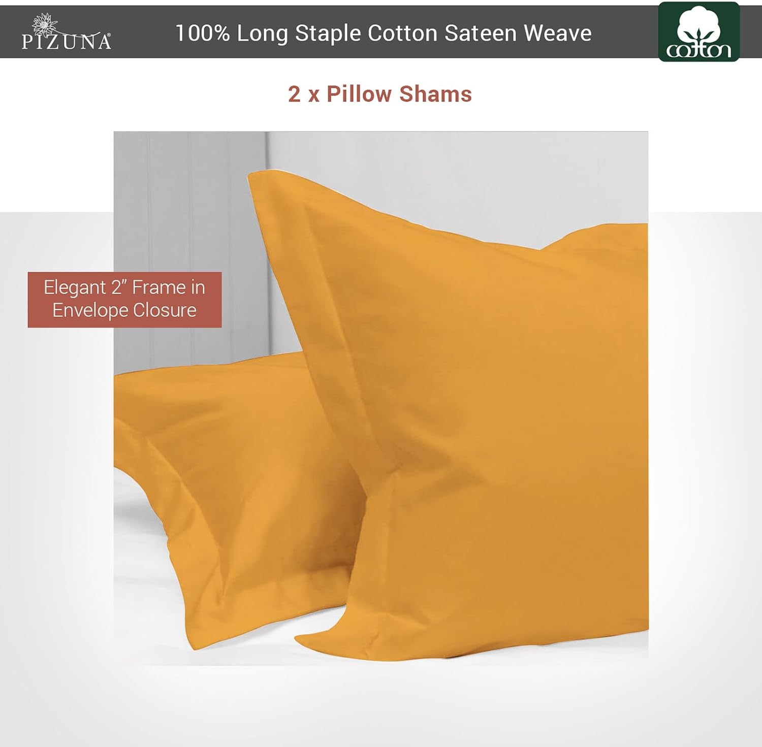 Pizuna Pure 100% Cotton Pillow Shams Queen Size Set of 2 Honey Gold, Luxurious 400 Thread Count Long Staple Cotton Sateen with Envelope Clo…