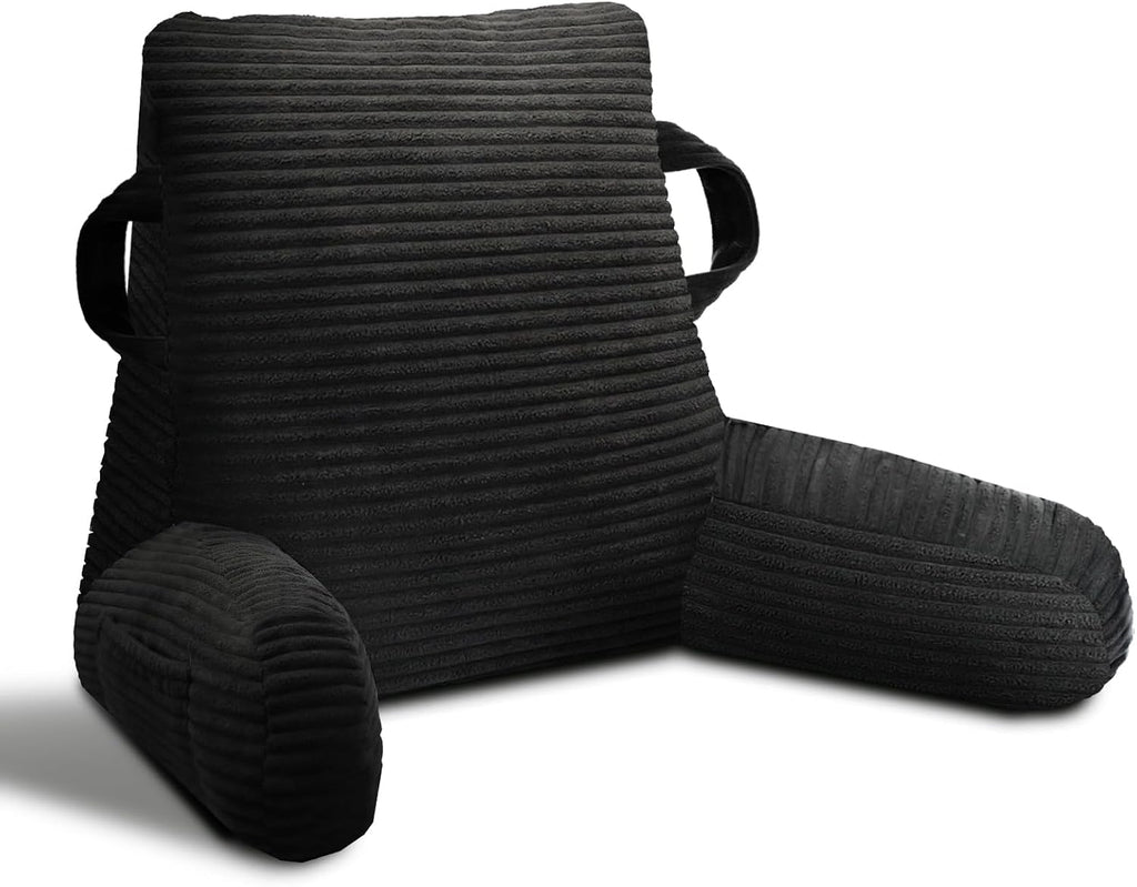 Reading Pillow for Sitting in Bed Adult, Bed Reading Pillow with Shredded Memory Foam, Back Pillow for Sitting with Arms and Pockets, Black