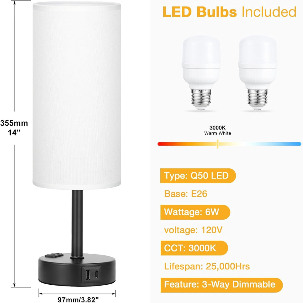PartageiZ White Bedroom Lamps Set of 2-3 Way Dimmable Touch Table Lamps with USB C and A Ports, Bedside Lamps for Nightstand with AC…