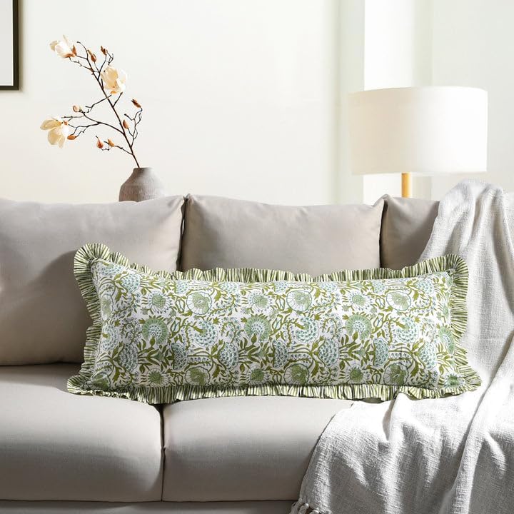 Cottonprintclub CPC Hand Block Print Agate Green Ruffle Sham Pillow Cover 36" x 14" inch Hidden Zipper Decorative Pillowcase for Couch, Bed…