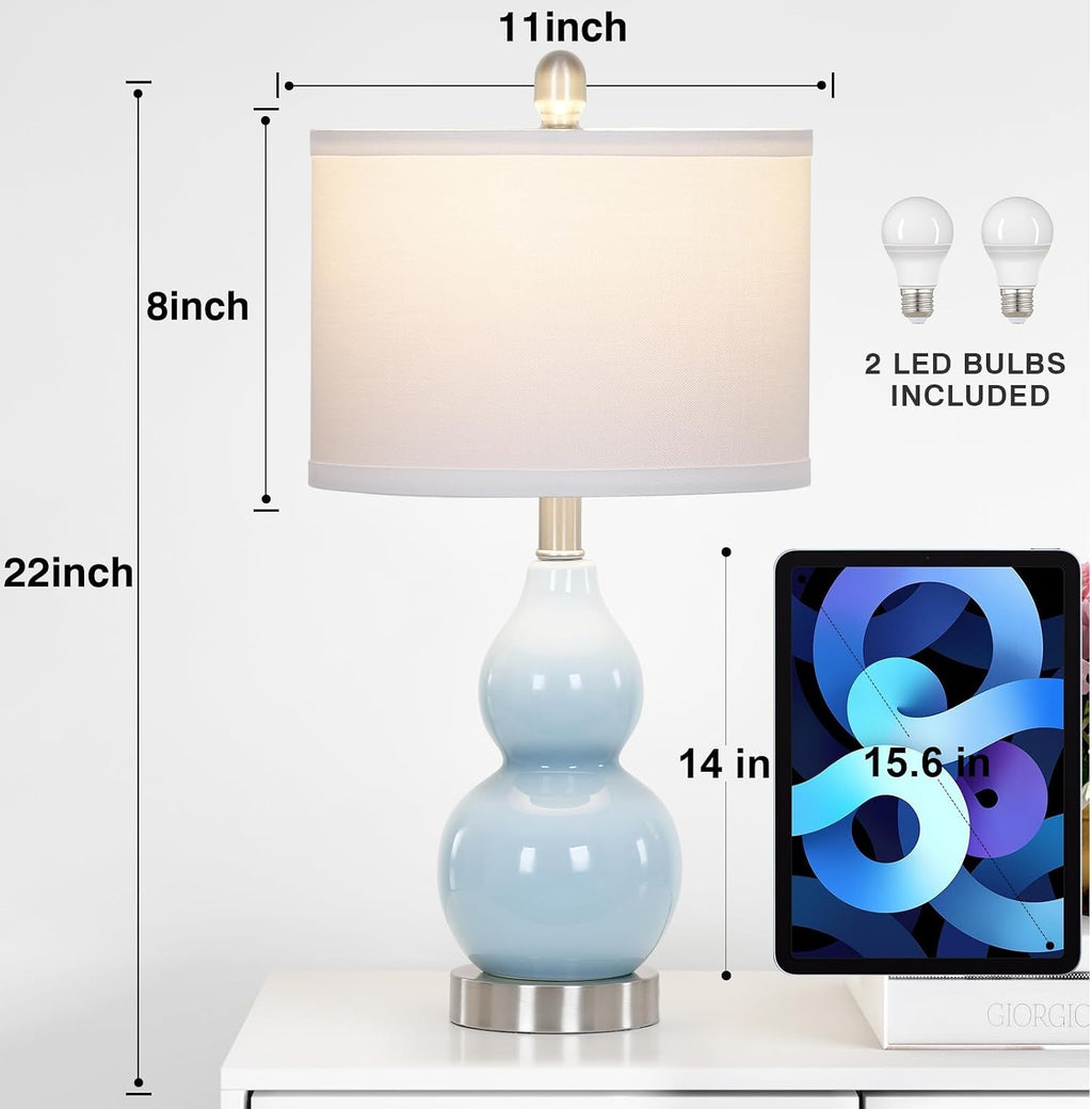Rinweey Double Gourd Ceramic Table Lamps Set of 2, Modern Blue Bedside Lamps for Night Stand, Contemporary Nightstand Lamps for Bedroom…
