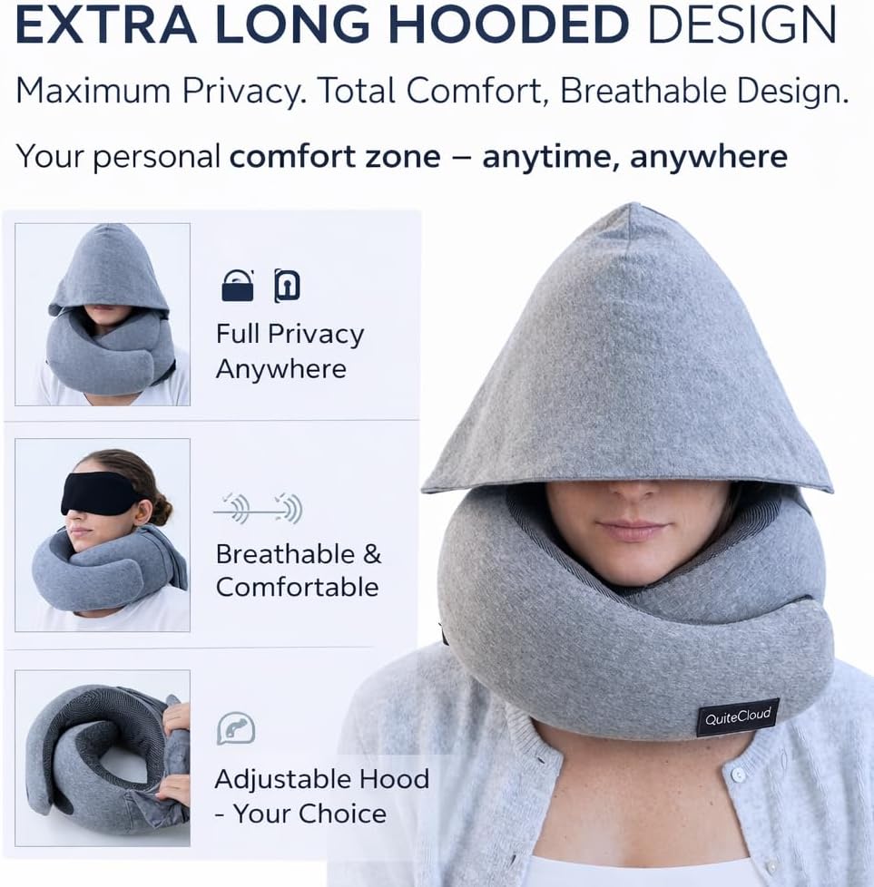 Travel Neck Pillow Hooded Memory Foam 360° Head & Chin Support, Lightweight Breathable Adjustable Fit Travel Neck Pillow with Eye Mask…