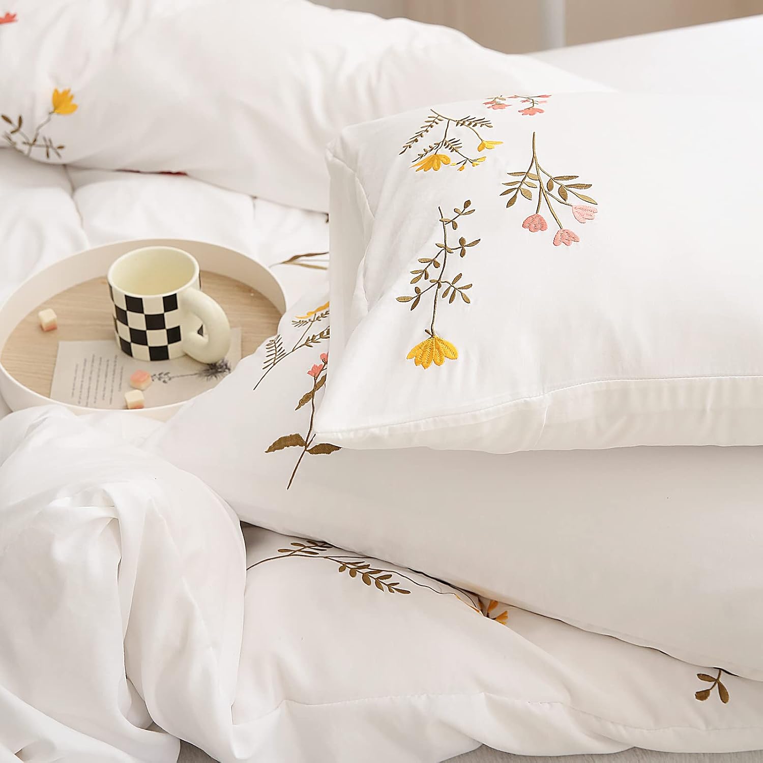 Moveover Move Over White Flower Pillow Cases Set of 2 Embroidery Flower Pillowcases King Size White Pastoral Pillow Covers Soft Washed Micr…