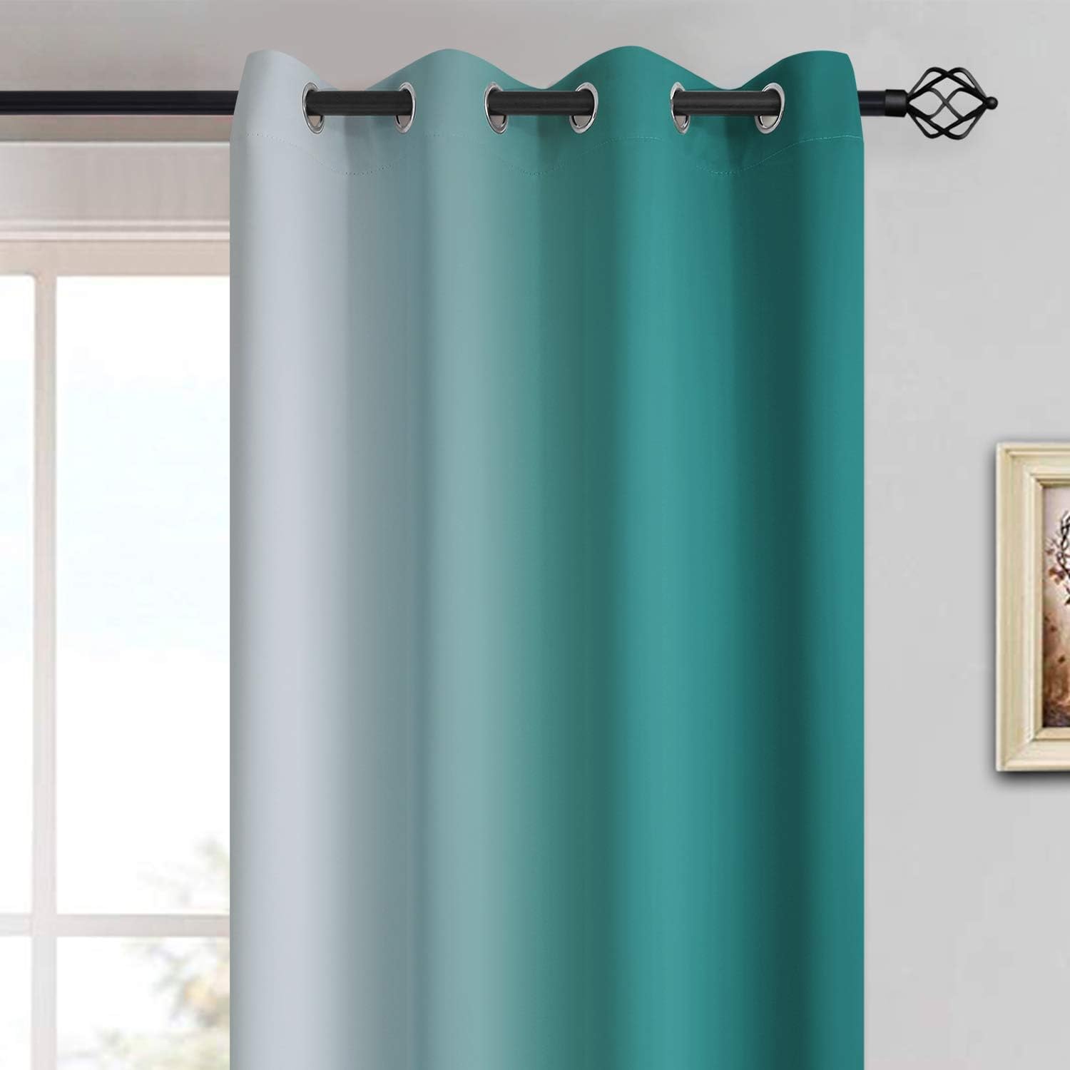 Yakamok Teal and Greyish White Ombre Curtains 63 Inch Length, Light Blocking Gradient Color Curtains, Room Darkening Thermal Insulated Grom…