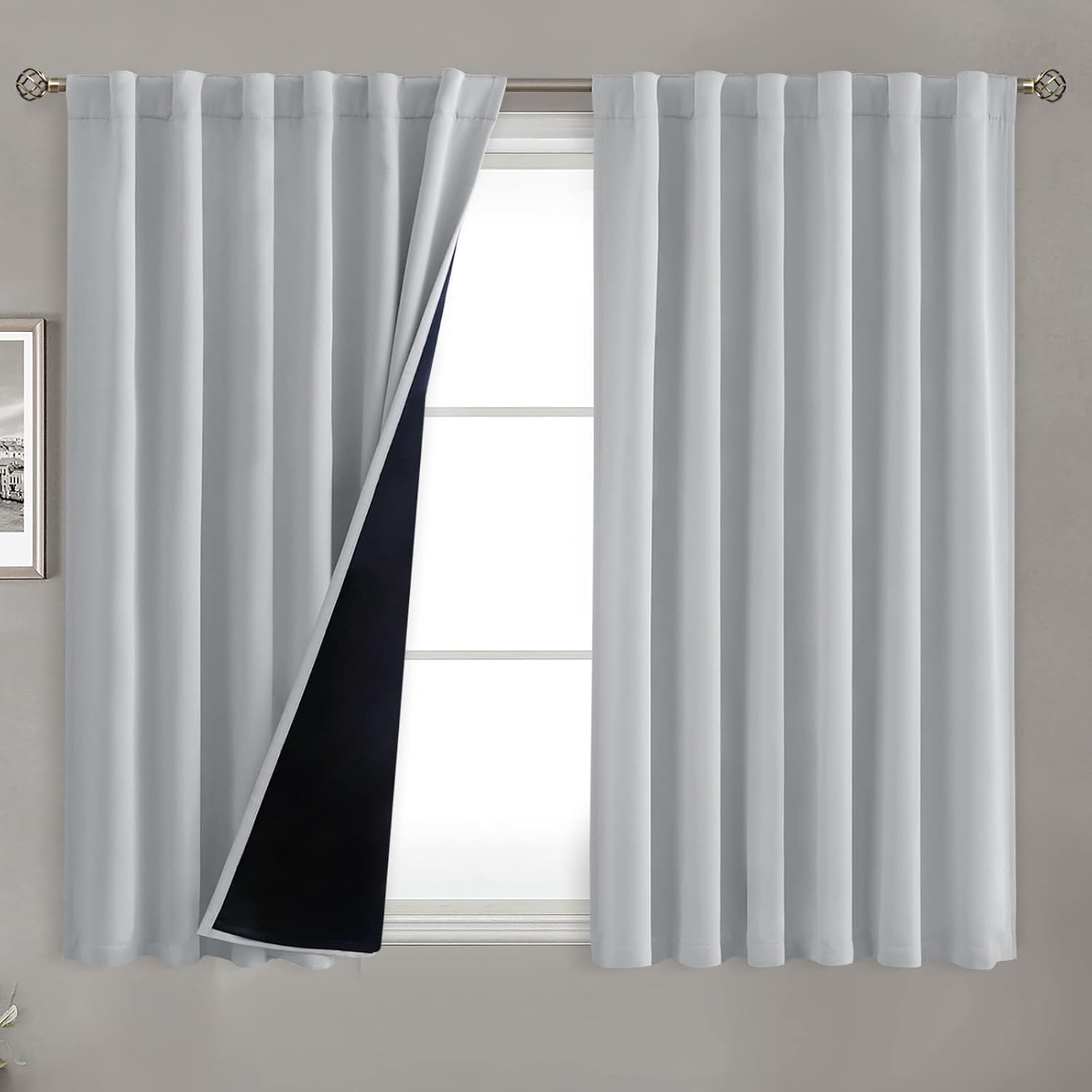 BGment Light Grey 100% Blackout Curtains 54 Inches Long with Black Liner, Rod Pocket and Back Tab Double Layer Full Room Darkening…