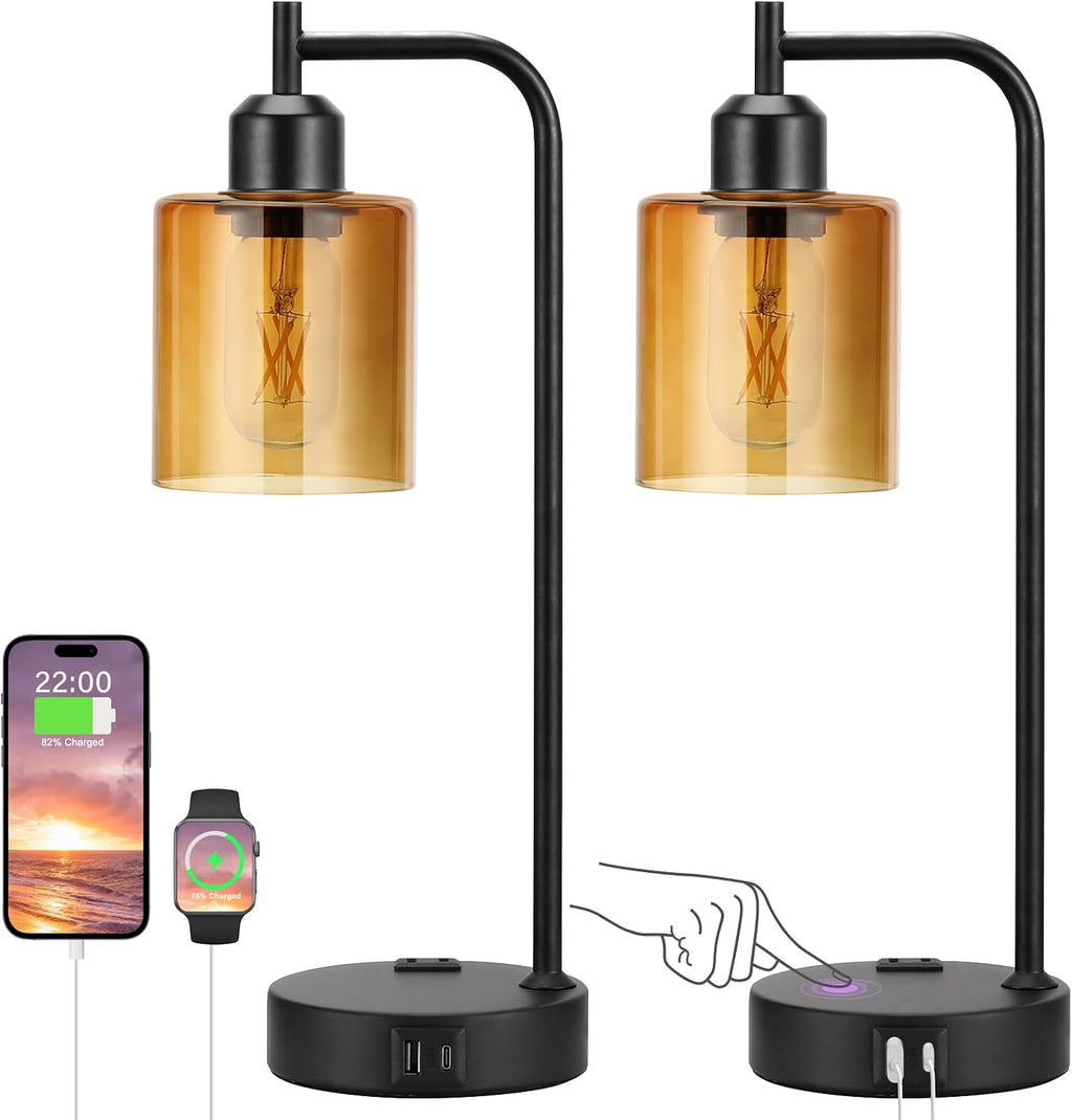 Industrial Touch Nightstand Lamps for Bedrooms Set of 2 - 3-Way Dimmable Table Lamps with USB C+A Ports and Outlet, Bedside Lamps with…