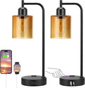 Industrial Touch Nightstand Lamps for Bedrooms Set of 2 - 3-Way Dimmable Table Lamps with USB C+A Ports and Outlet, Bedside Lamps with…