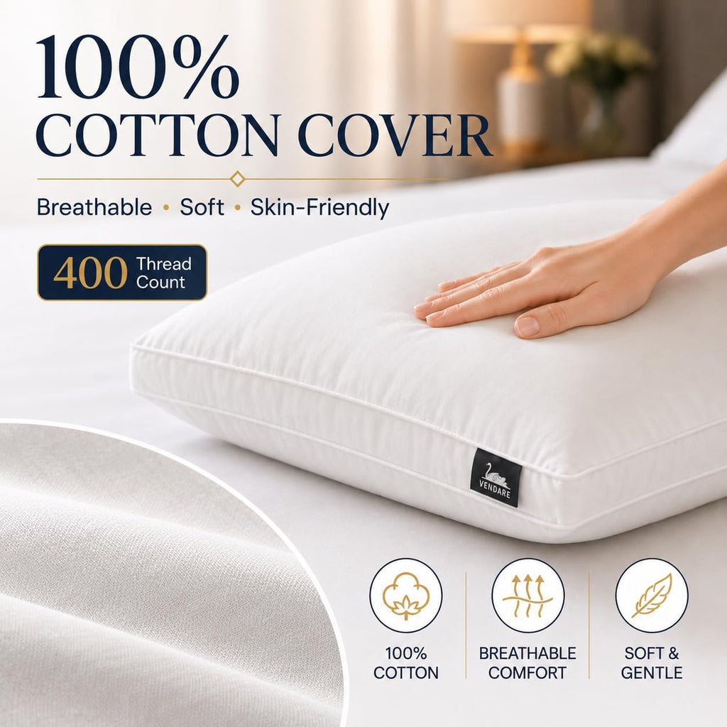 Set of 2 Standard Size Down Pillows - Goose Feather & Down Blend Pillows 440 Fill Power, 100% Cotton Cover, Hypoallergenic, Medium Support