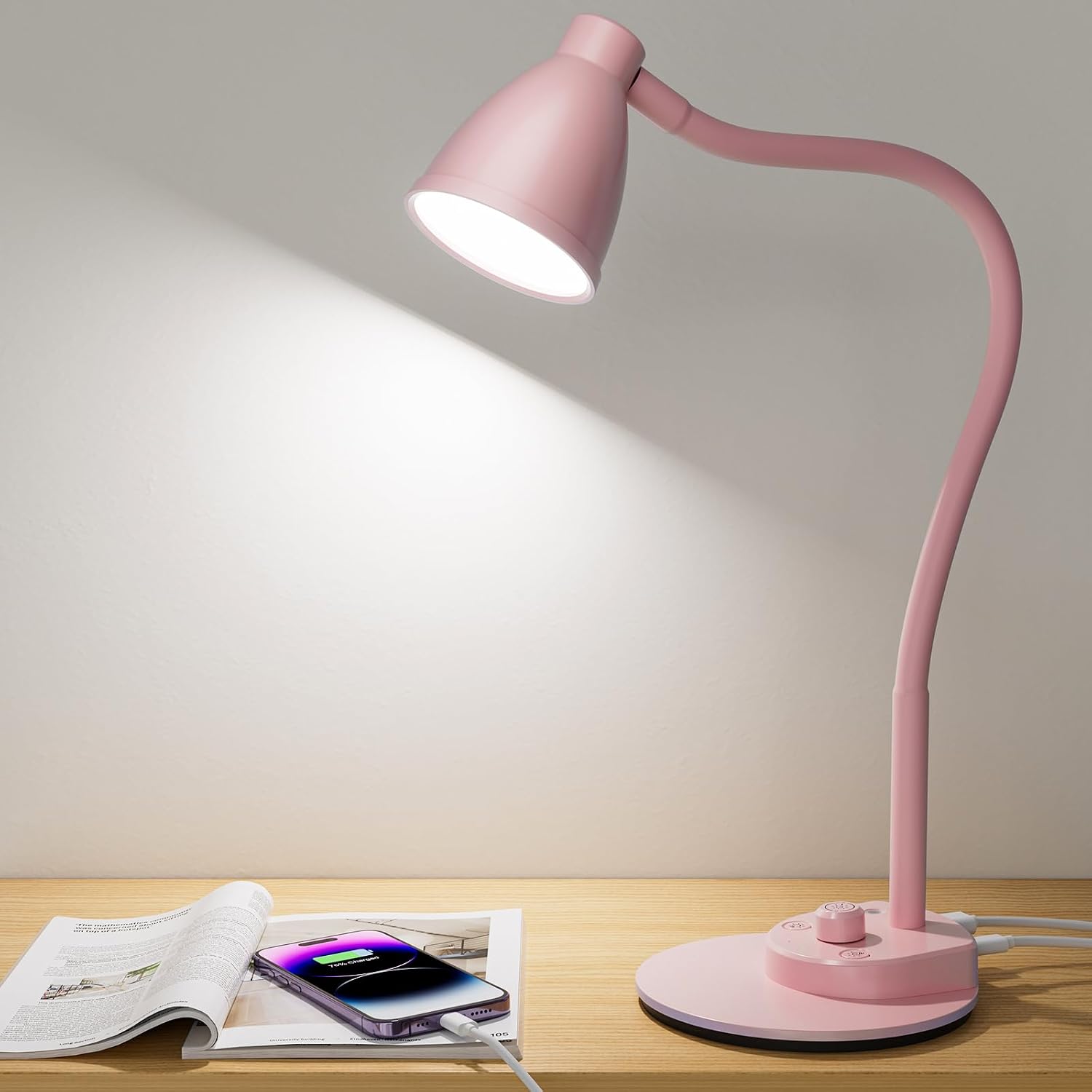 BOHON Cute Desk Lamp with USB Charging Port, Pink Lamp 3 Color Modes Dimmable LED Reading Lamp, Flexible Neck Auto Dimming Table Task…