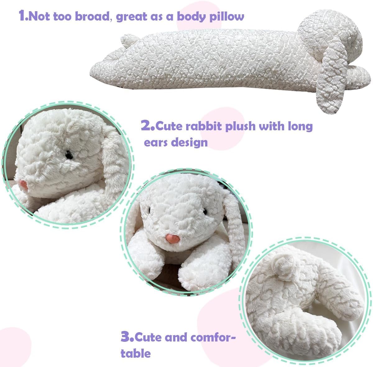 Rabbit Plush Pillow, Rabbit Stuffed Animal, Rabbit Plush Long Body Pillow for Kids Adults (White,35 inch)
