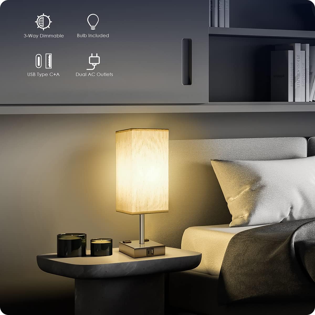 Bedside Lamp with USB Ports - Touch Control Table Lamp for Bedroom with USB C+A Charging Ports & AC Outlets, 3 Way Dimmable Nightstand…
