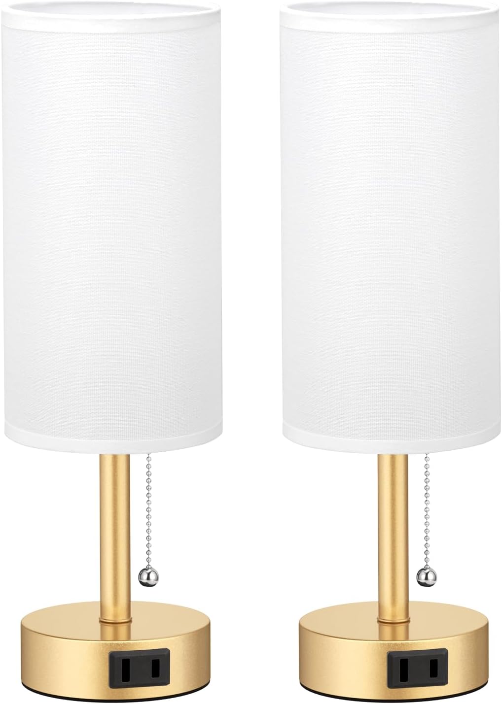Fenmzee Gold Bedside Table Lamps Set of 2-3 Color Temperatures Pull Chain Lamp with AC Outlet Charging Port, Two Round Night Stand Lamps…