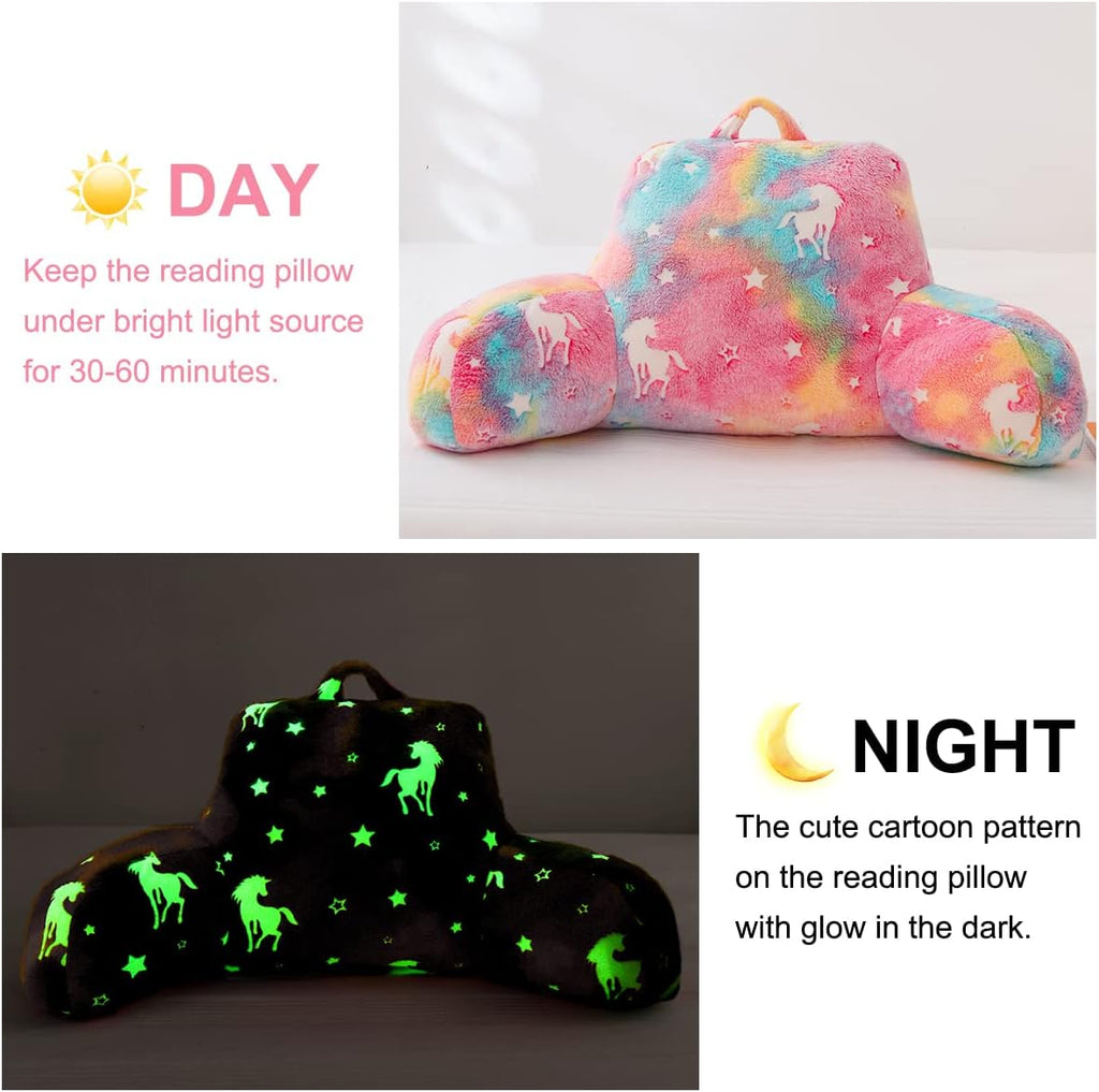 Holawakaka Glow in The Dark Unicorn Reading Pillow for Sitting up in Bed Sofa Kids Teens, Luminous Stars Backrest Pillow with Arms for…