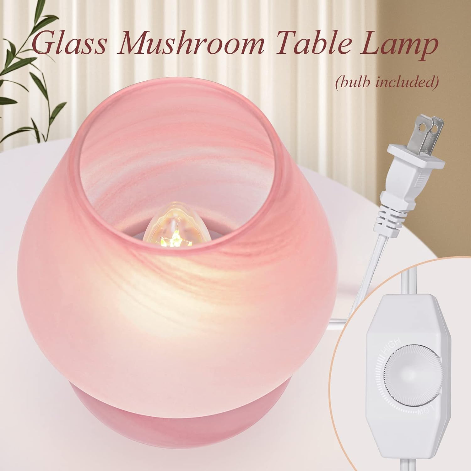 ONEWISH Mushroom Lamp Cute Table Lamp for Bedroom Nightstand Soft Light Pink, Small Glass Nightlight Stepless Dimmable Desk Lamp for…