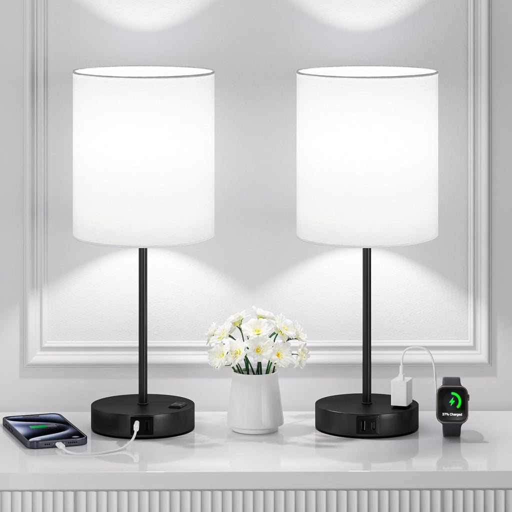Fenmzeelighting White and Black Lamps for Nightstand Set of 2 - Bedside Table Lamp for Bedroom with Dual USB Ports & AC Outlet, 3-Way Dimma…