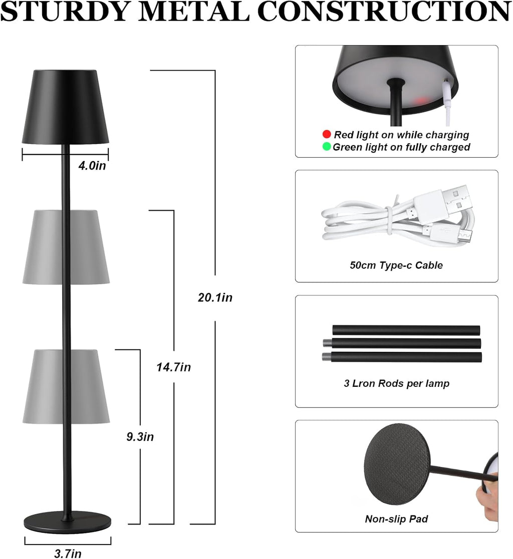 Kakanuo 20" Cordless Table Lamp Rechargeable Black - 2 Pack 5000mAH Battery Operated Lamp for Counter, 3 Color Stepless Dimming Wireless…