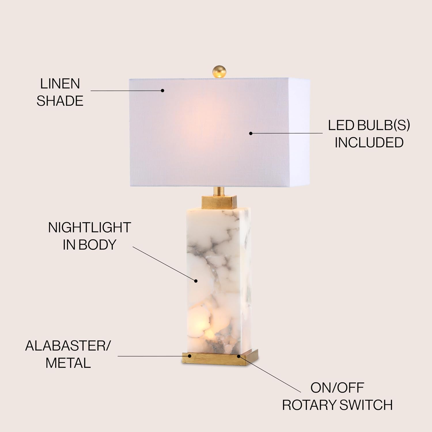JONATHAN Y 27.5" White/Gold Modern Alabaster Rectangular Table Lamp with Night Light Contemporary Coastal Bedside Lamp for Bedroom with…