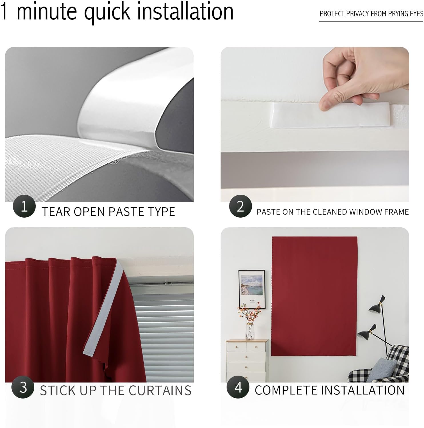 Self Adhesive Curtains, Stick Curtain Blackout Shades Window Cover Curtains for Living Room No Drilling, 47" W X 59" L, Burgundy, 1 Panel