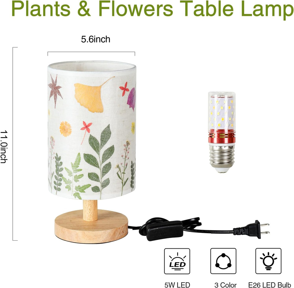 Pressed Flowers Table Lamp 5W LED 3Color Temperatures Dried Flower Bedside Lamp Linen Shade with Wood Base for Bedroom Living Room Desk…