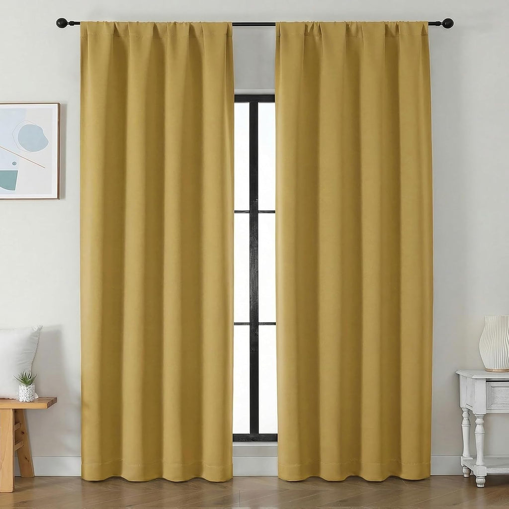Simplebrand Ava Bright Gold Blackout Curtains for Bedroom 90 Inches Long 2 Panels Set, Solid Privacy Energy Saving Living Room Window …
