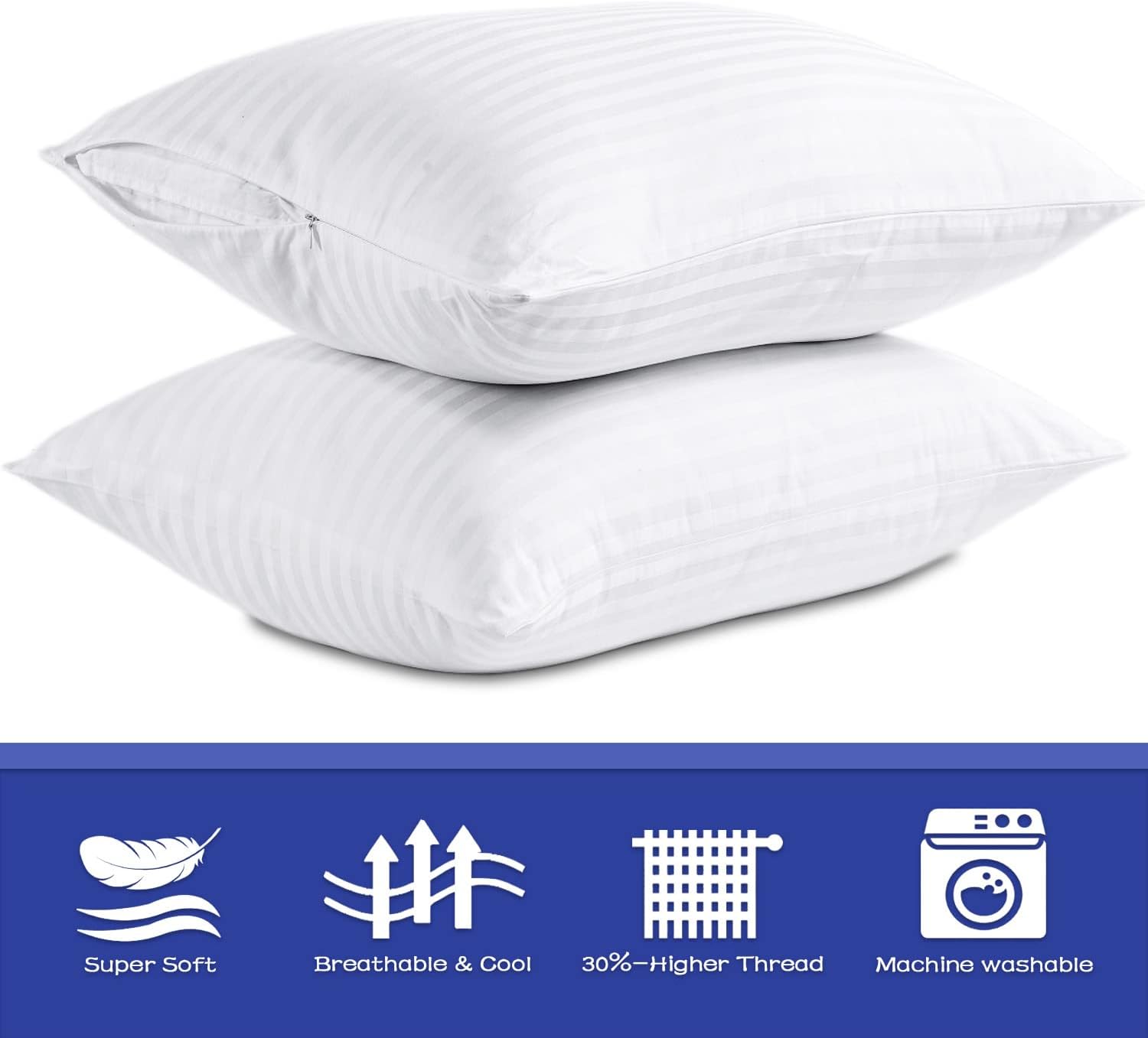 100% Cotton Pillow Protectors with Zipper Standard Size, White Pillow Cases for Home & Hotel, Sateen Soft Cooling Hidden Zippered Pillow…
